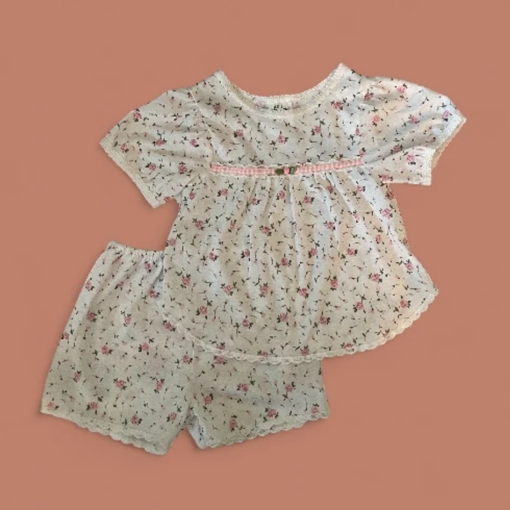 Vintage Edie Bee Girls Pajama Set 4T Floral Rosebud Short Sleeve & Shorts NWOT